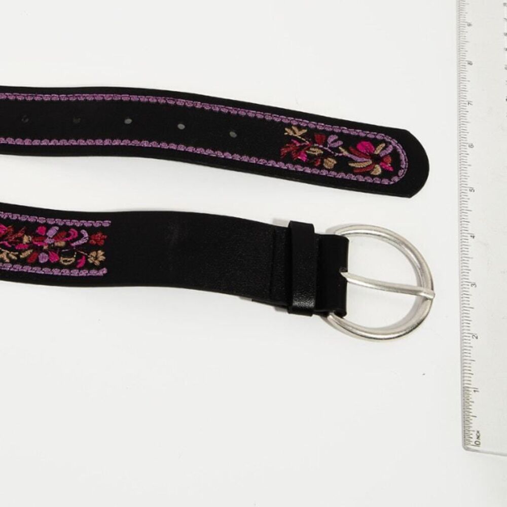 Vibrant Floral Embroidered Belt - White Faux Leather Silver Buckle (1-1/2") - Picture 2 of 3